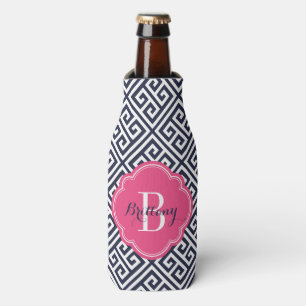Marine Blauw en Roze Griekse Sleutel Monogram Flesjeskoeler