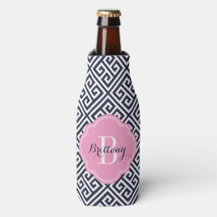 Marine Blauw en Roze Griekse Sleutel Monogram Flesjeskoeler