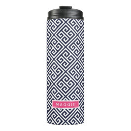Marine Blauw en Roze Griekse Sleutel Monogram Thermosbeker