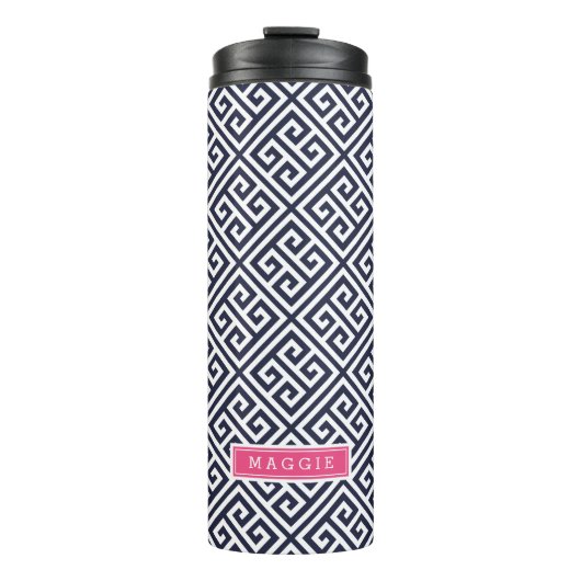 Marine Blauw en Roze Griekse Sleutel Monogram Thermosbeker (Voorkant)
