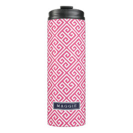Marine Blauw en Roze Griekse Sleutel Monogram Thermosbeker