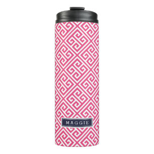 Marine Blauw en Roze Griekse Sleutel Monogram Thermosbeker