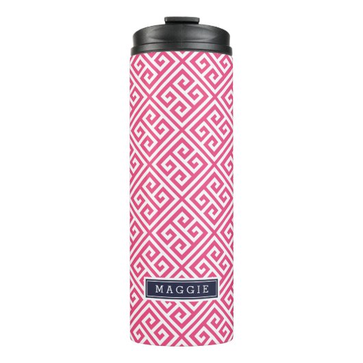 Marine Blauw en Roze Griekse Sleutel Monogram Thermosbeker (Voorkant)