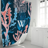 Marine Blauw en Roze Oceaan Koraal Monogram Nautis Douchegordijn