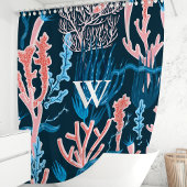 Marine Blauw en Roze Oceaan Koraal Monogram Nautis Douchegordijn