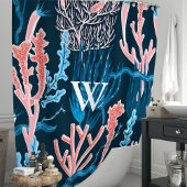 Marine Blauw en Roze Oceaan Koraal Monogram Nautis Douchegordijn