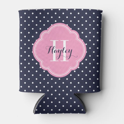 Marine Blauw en Roze Polka Dots Monogram Blikjeskoeler (Voorkant)