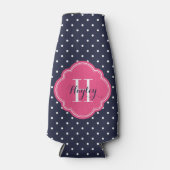 Marine Blauw en Roze Polka Dots Monogram Flesjeskoeler (Voorkant)
