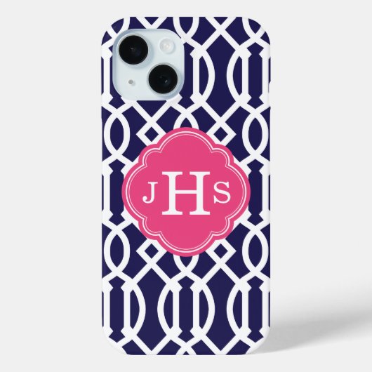 Marine blauw en roze Trellis Monogram Case-Mate iPhone Case (Achterkant)