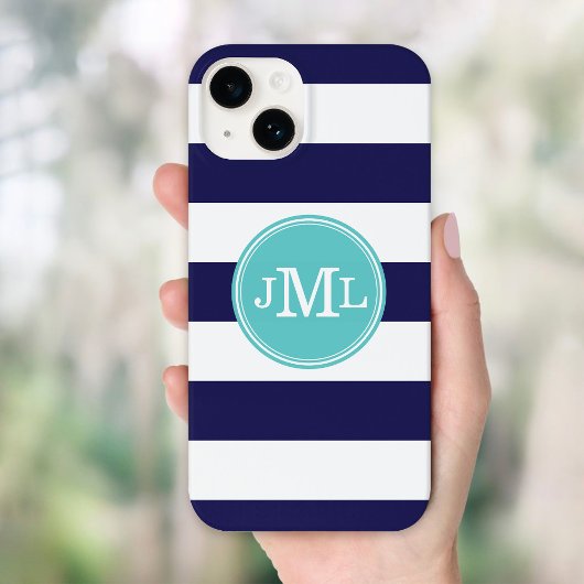 Marine Blauw en Turquoise Brede Streep Monogram Case-Mate iPhone Case