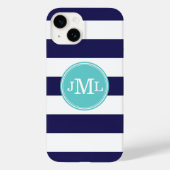 Marine Blauw en Turquoise Brede Streep Monogram Case-Mate iPhone Case (Achterkant)