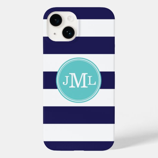 Marine Blauw en Turquoise Brede Streep Monogram Case-Mate iPhone Case (Achterkant)