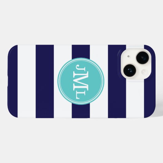 Marine Blauw en Turquoise Brede Streep Monogram Case-Mate iPhone Case (Achterkant (horizontaal))