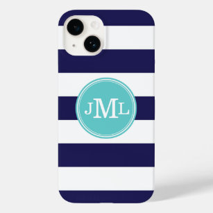 Marine Blauw en Turquoise Brede Streep Monogram Case-Mate iPhone Case