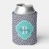 Marine Blauw en Turquoise Griekse Sleutel Monogram
