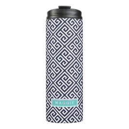 Marine Blauw en Turquoise Griekse Sleutel Monogram Thermosbeker