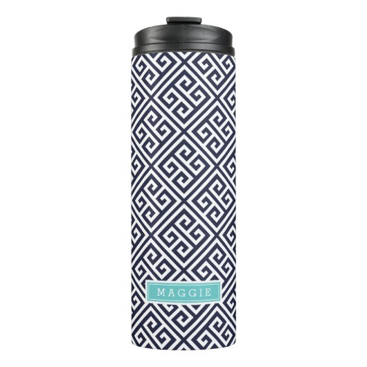 Marine Blauw en Turquoise Griekse Sleutel Monogram Thermosbeker (Voorkant)