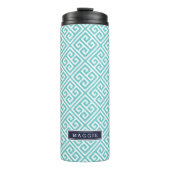 Marine Blauw en Turquoise Griekse Sleutel Monogram Thermosbeker (Voorkant)