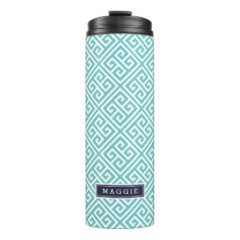 Marine Blauw en Turquoise Griekse Sleutel Monogram Thermosbeker