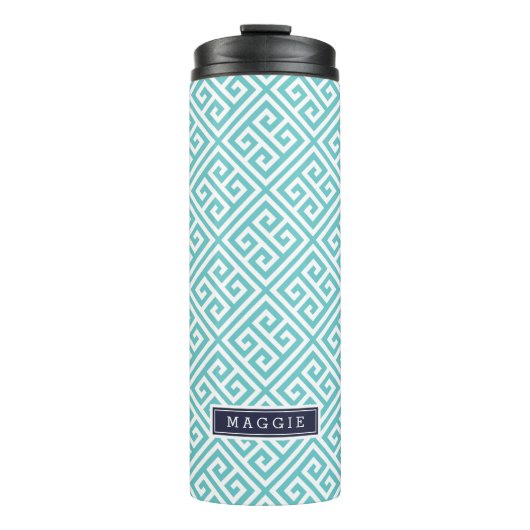 Marine Blauw en Turquoise Griekse Sleutel Monogram Thermosbeker (Voorkant)