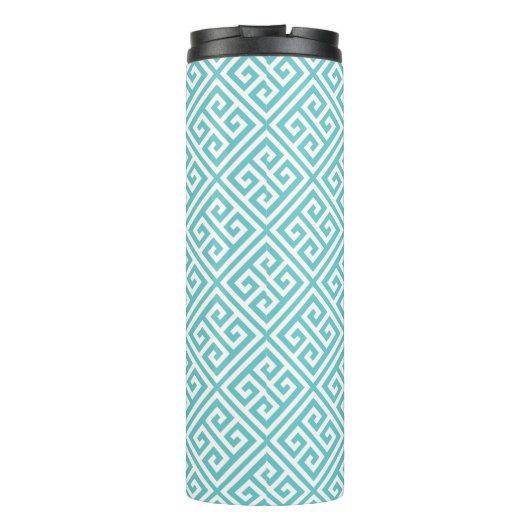 Marine Blauw en Turquoise Griekse Sleutel Monogram Thermosbeker (Achterkant)