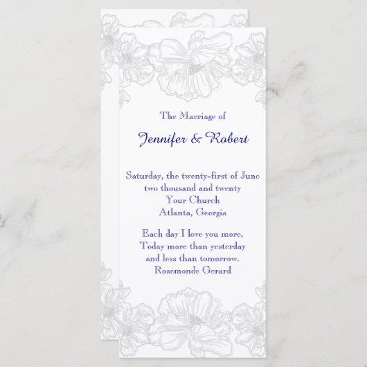 Marine Blauw en Wit Bloemen Trouwprogramma Programmakaart (Voorkant / Achterkant)