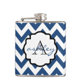 Marine Blauw en Wit Chevron Monogram Kolf Heupfles (Voorkant)