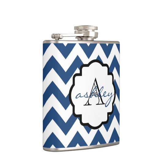 Marine Blauw en Wit Chevron Monogram Kolf Heupfles (Rechts)