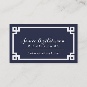 Marine Blauw en Wit Chique Griekse Key Border Visitekaartje