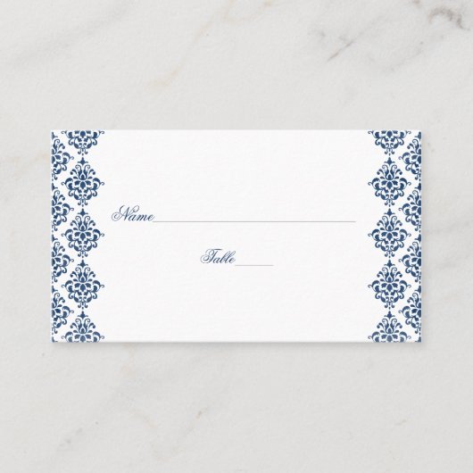 Marine Blauw en Wit Damast Wedding Place Cards Plaatskaartje (Voorkant)
