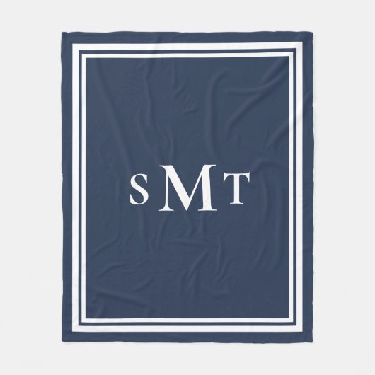Marine Blauw en Wit Drie Letter Monogram Fleece Deken (Voorkant)