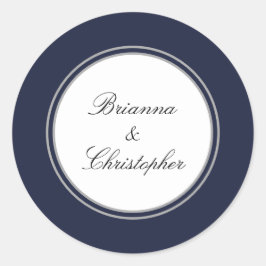 Marine Blauw en Wit Eenvoudige Elegante Bruiloft Ronde Sticker
