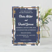 Marine Blauw en wit Elegante Bloemen Huwelijk Kaart (Staand voorkant)