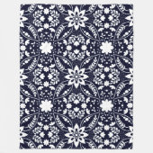 Marine Blauw en Wit Folk Bloemenpatroon Fleece Deken (Voorkant)