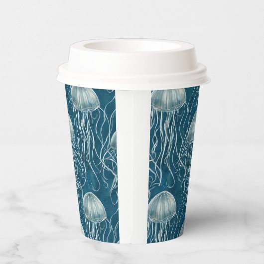 Marine Blauw en Wit Gelei Vis Patroon Papieren Bekers (Rechts)