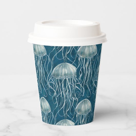 Marine Blauw en Wit Gelei Vis Patroon Papieren Bekers (Voorkant)