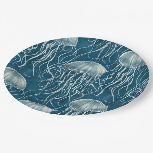 Marine Blauw en Wit Gelei Vis Patroon Papieren Bordje (Gekanteld)