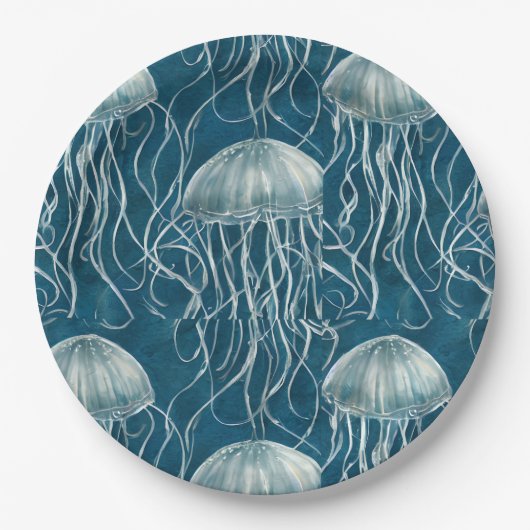 Marine Blauw en Wit Gelei Vis Patroon Papieren Bordje (Voorkant)