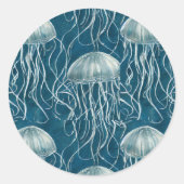 Marine Blauw en Wit Gelei Vis Patroon Ronde Sticker (Voorkant)