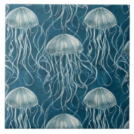 Marine Blauw en Wit Gelei Vis Patroon Tegeltje