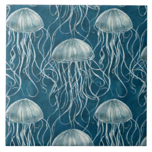 Marine Blauw en Wit Gelei Vis Patroon Tegeltje