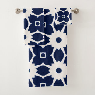 Marine Blauw en Wit Geometrische Bloemen Bad Handdoek