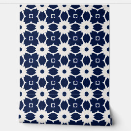 Marine Blauw en Wit Geometrische Bloemen Behang