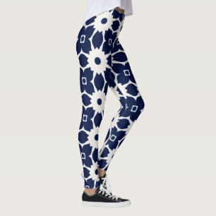 Marine Blauw en Wit Geometrische Bloemen Leggings