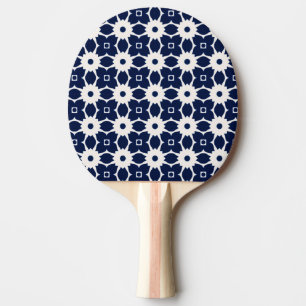 Marine Blauw en Wit Geometrische Bloemen Tafeltennisbatje