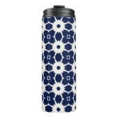 Marine Blauw en Wit Geometrische Bloemen Thermosbeker (Voorkant)