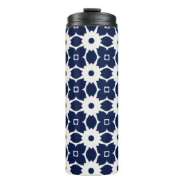 Marine Blauw en Wit Geometrische Bloemen Thermosbeker