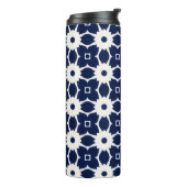 Marine Blauw en Wit Geometrische Bloemen Thermosbeker (Gedraaid links)