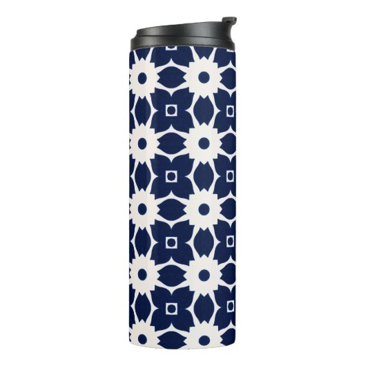Marine Blauw en Wit Geometrische Bloemen Thermosbeker (Gedraaid links)