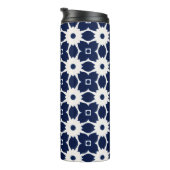 Marine Blauw en Wit Geometrische Bloemen Thermosbeker (Geroteerd rechts)